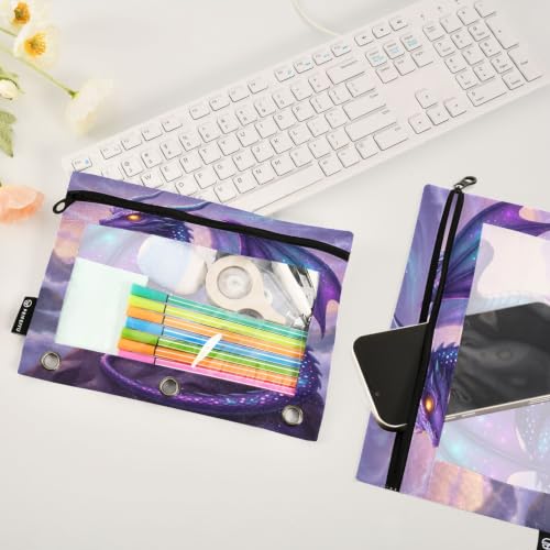 Gredecor 3 Ring Binder Pencil Pouch, Dragon Purple Galaxy Zippered Pen Case Pouches with Clear Window, 2 Pack Stylish Office & School Supplie - color: Dragon Purple Galaxy