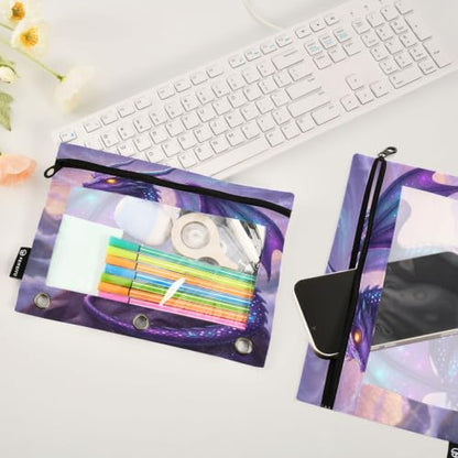 Gredecor 3 Ring Binder Pencil Pouch, Dragon Purple Galaxy Zippered Pen Case Pouches with Clear Window, 2 Pack Stylish Office & School Supplie - color: Dragon Purple Galaxy