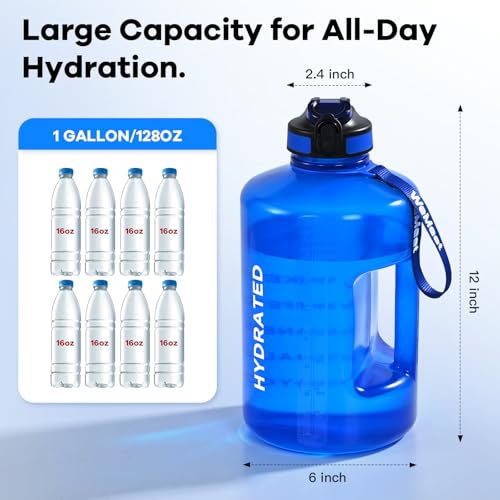 WEMEET 1 Gallon Water Bottle with Handle, 128oz LeakProof Reusable Gym Water Bottle with Capacity Scale, BPA Free, Ideal for Gym and Outdoor Life (Blue) - color: Blue