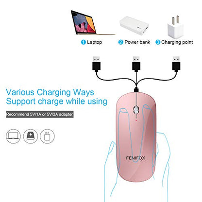 FENIFOX Bluetooth Mouse Slim, Whisper-Quiet Mini Flat Portable Mobile Mice Rechargeable Compatible with Laptop,PC,Android Windows Tablet (Rose Gold) - color: pink