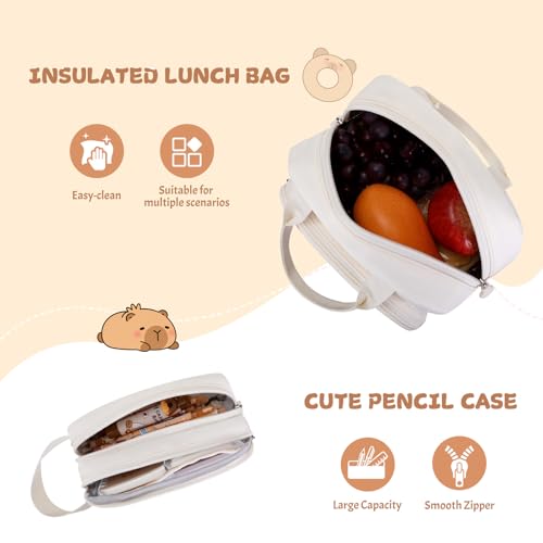 Capybara Rolling Backpack for Girls - 3PCS Girls Backpack Kids Suitcase with Lunch Box & Pencil Case Travel - Capybara Backpack with Wheels for Kindergarten Preschool Elementary (Beige) - color: Beige