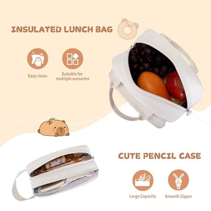 Capybara Rolling Backpack for Girls - 3PCS Girls Backpack Kids Suitcase with Lunch Box & Pencil Case Travel - Capybara Backpack with Wheels for Kindergarten Preschool Elementary (Beige) - color: Beige