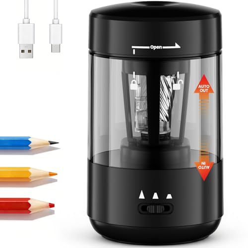 Electric Pencil Sharpener for Classroom, Fully Automatic Pencil Sharpener for 6-8mm Pencils & Colored Pencils, Auto in & Out, Type-C Rechargeable Pencil Sharpeners for Home, School, Black - color: Black