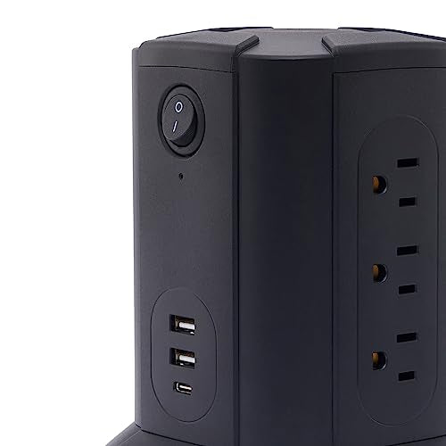 Amazon Basics Power Strip Tower Charging Station, Surge Protector 1080J, 9 Outlet with Integrated USB Charging Ports (2 USB-A and 1 USB-C), Space Saving, 15A, 6ft Cord, Black - size: 6 Feet