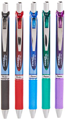 Pentel EnerGel RTX Retractable Liquid Gel Pen, (0.5mm), Fine Line, Metal Tip, Assorted Ink Colors, Pack of 5 (BLN75BP5M) - color: Assorted, size: 5 Count (Pack of 1), style: 5 Pack-0.5 mm Needle