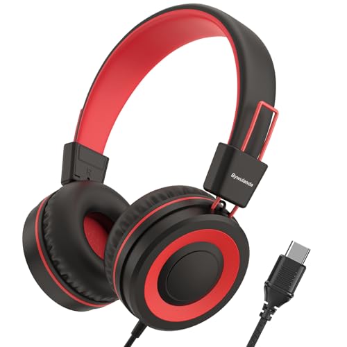 Bywulanda Upgrade USB Type C Kids Headphone for School, 94dB Safe Volume Limited, HD Stereo Sound, Foldable Lightweight On-Ear Headphones for Boys/Girls/Students/Tablet/Travel (Red Black) - color: Red Black