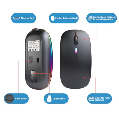 Wireless Bluetooth Mouse, Rechargeable, LED, Silent, Ultra-thin Design (Bluetooth 5.2 and 2.4GHz USB Receiver) | Portable Computer Mouse for Laptops, iPads, MacBooks and Apple Devices (Black) - color: Black