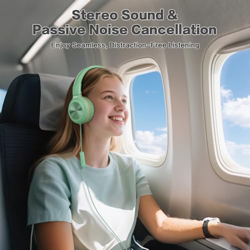 SIMOLIO 2 Pack Wired Headphones with Share Port, USB C to 3.5mm Dongle, MIC | Manyshare Series, 3-Level Volume Limiter, Passive Noise Cancelling, Foldable Over-Ear Headset for School Travel Adult iPad PC - color: Black & Fresh Green