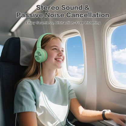 SIMOLIO 2 Pack Wired Headphones with Share Port, USB C to 3.5mm Dongle, MIC | Manyshare Series, 3-Level Volume Limiter, Passive Noise Cancelling, Foldable Over-Ear Headset for School Travel Adult iPad PC - color: Black & Fresh Green