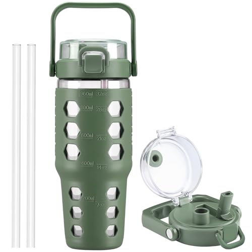 MUKOKO 32 oz Glass Tumbler with Straw,Glass Water Bottles with Time Marker,Iced Coffee Cup with Silicone Sleeve,Motivational Drinking Bottles,Leakproof-Olive - color: Olive, size: 32 Ounces