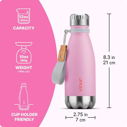 Small Water Bottle-12 oz Leak Proof Insulated Water Bottle with Carry Rope | Double Wall Vacuum Stainless Steel Water Bottle for Travel, School, Cola Shape Flask with Carry Rope (Purple Pink) - color: Purple Pink, size: 12 Ounces