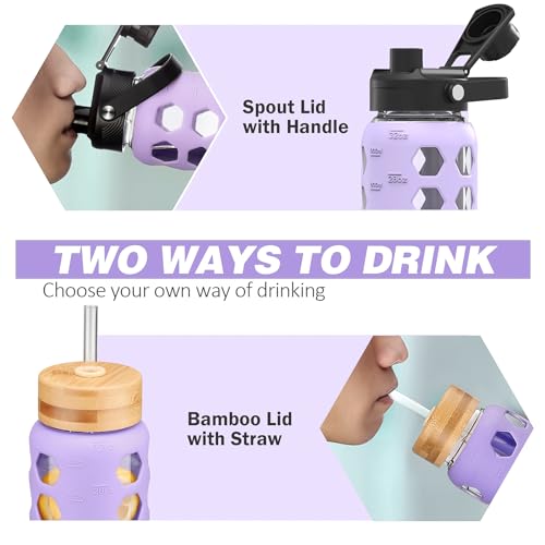 MUKOKO Glass Water Bottle, 32oz, Purple | Glass Tumbler with Straw, Drinking Bottles with 2 Lids-Handle Spout Lid & Bamboo Straw Lid, Silicone Sleeve, 1 Pack - color: Purple, size: 32 Ounces