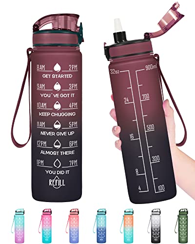 Enerbone Water Bottle, Leakproof BPA & Toxic Free, Motivational Water Bottle with Times to Drink and Straw, Fitness Sports Water Bottle with Strap for Office, Gym, Outdoor Sports - color: Red Blue, size: 32 Ounces