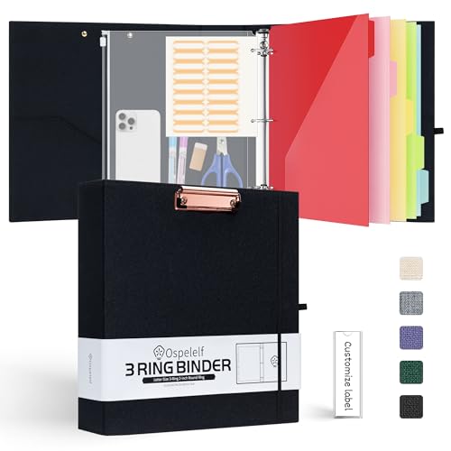 Ospelelf 3 Ring Binder 2 Inch, Round Ring Linen Binder Organizer with Zipper Pouch & PVC Dividers with Pockets, Black Clipboard Binder with Storage, Hardcover Binders for School, Office Supplies - color: Black, size: 2in (Letter Size)