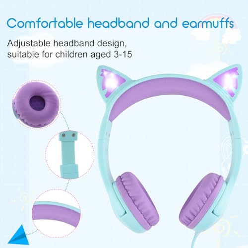 Olyre Kitty Headphones for Kids, Wired Cat Ears Headset, Dual Audio Port | Lightblue; LED Light-Up;On-ear headset; Built-in audio sharing jack; Microphone for children, toddlers, boys, girls - color: Lightblue