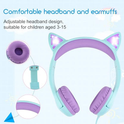Olyre Kitty Headphones for Kids, Wired Cat Ears Headset, Dual Audio Port | Lightblue; LED Light-Up;On-ear headset; Built-in audio sharing jack; Microphone for children, toddlers, boys, girls - color: Lightblue