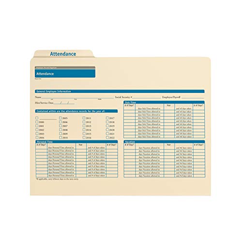 ComplyRight Attendance Folders, Landscape, Pack of 25 | 9-1/2" x 11-3/4", Document Filing Folder for Businesses, HR Employee Management Documentation Office Supplies - style: Attendance