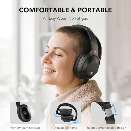 Bluetooth 6.0 Active Noise Cancelling Headphones for Airplane Travel, LDAC Hi-Res Audio, 90H Playtime Wired and Wireless ANC Headphones, Over Ear Headset for Home Office, Custom EQ via APP, Black - color: Black