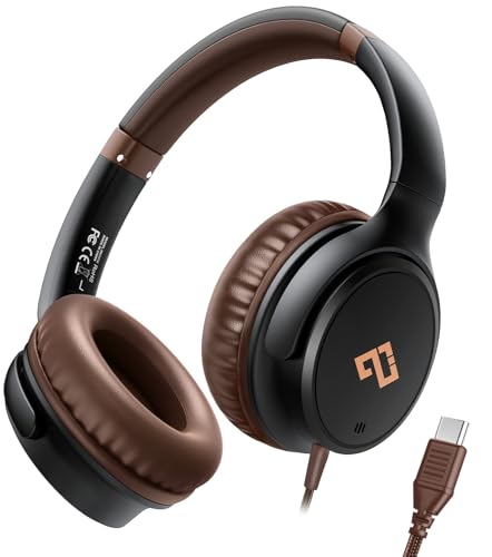 USB C Headphones Wired Headphones Over Ear with HD Mic,Brown Headphones/Lightweight/Foldable/Adjustable for iPad/School/Travel/iPhone 17/16/15, Samsung S25/S24, Back-to-School Season, Teen Gifts - color: Brown