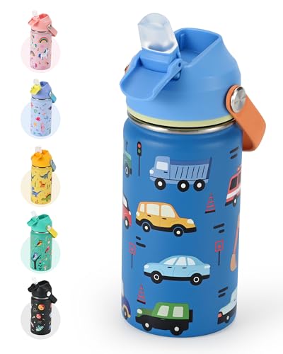 Kids Water Bottle 14oz, Insulated Toddler Water Bottle Stainless Steel | Keeps Cold 24H, Silicone Straw Lid, Leak Proof & Cars Trucks Prints Design, Custom Name Tag for School, Daycare, Travel - color: Cars and Trucks