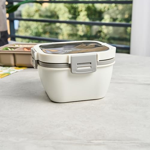 Restaurantware-Bento Tek 57.5 Ounce Bento Box, 1 Reusable Lunch Container - With Fork And Knife, Does Not Contain BPA, White And Gray Plastic Reusable Lunch Box, Microwavable, Dishwashable - size: 1 Count, style: 58 oz - White