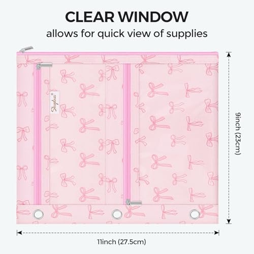 SKYDUE Binder Pencil Pouch for 3 Ring Binder, 3 Compartment Zipper Case, Large Capacity Pen Organizer with Clear PVC Window for School Supplies, Students, Kids & Teachers - color: Pinkbow