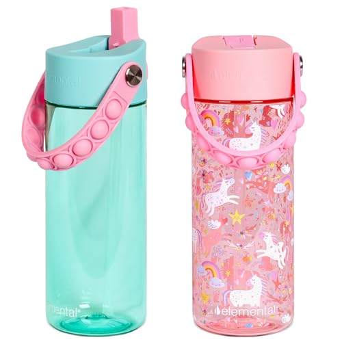 Elemental Leak Proof Water Bottles for Kids - Splash Kids Water Bottle for School with Pop-it Handle - Tritan Plastic Water Bottle with Straw - Pink Unicorn & Robins Egg - 18oz (2 Pack) - color: Duo - Pink Unicorn / Robin's Egg (Blue Bubblegum)