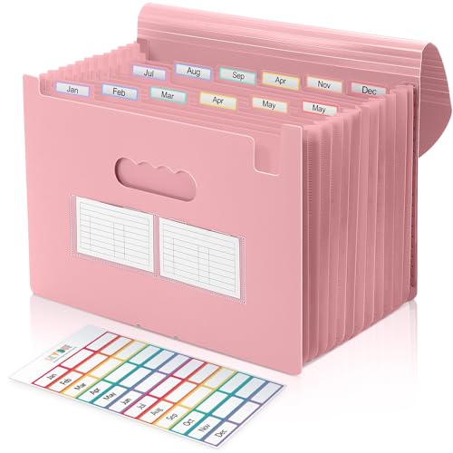 SKYDUE Accordion File Organizer, Expanding File Folder with 13 Pockets, Portable Document Paper Bill Receipt Organizer, Home School Pink Office Supplies, Letter A4 Size - color: Pure Pink