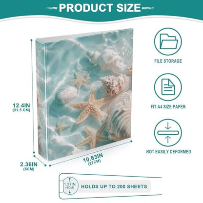 Blue Beach Seashells and Starfish Binder 3 Ring 1.5 Inch Binder with Clipboard&Pockets, Hardcover Binders Heavy Duty Large File Folder for Office School Supplies - Holds 200 Sheets - color: Beach Seashells and Starfish, size: 1 Pack-12.4x10.63in