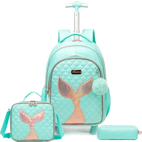 Kids Rolling Backpack for Girls Trolley Suitcases Luggage Travel with Wheels Bookbag Wheeled 17" 3PCS Roller Backpacks Toddler Back Pack School Bags Set for Elementary Mermaids Green - color: 5225-yuweiba-green
