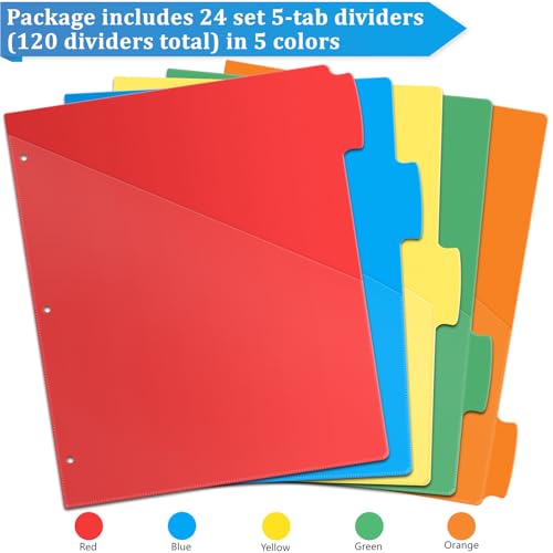 Jyusmile 24 Set Binder Dividers 5-Tabs with Pockets, Index Dividers for 3 Ring Binder, Multicolor Plastic Dividers with 3 Punch Holes, 120 Pcs Dividers for School & Office Supplies