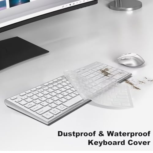 FENIFOX Wireless Keyboard and Mouse, Rechargeable USB C Combo Silent Quiet Compact Full Size Flat with Number Pad Soft Cover for Mac MacBook iMac Windows PC Laptop Computer Office - White & Silver - color: Silver