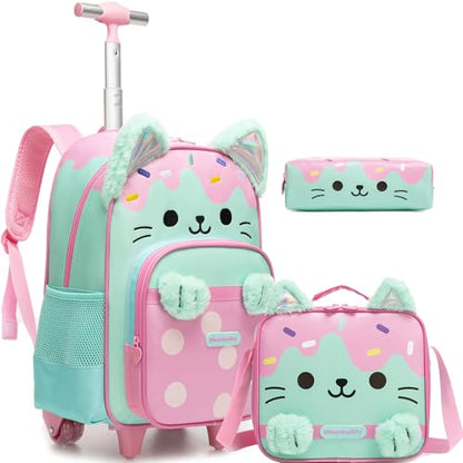 Meetbelify Backpack with Wheels for Girls Rolling Backpack Cute Cat Carry on Backpack Kids Luggage with Lunch Box Pencil Case for Elementary Student - color: Green Cat