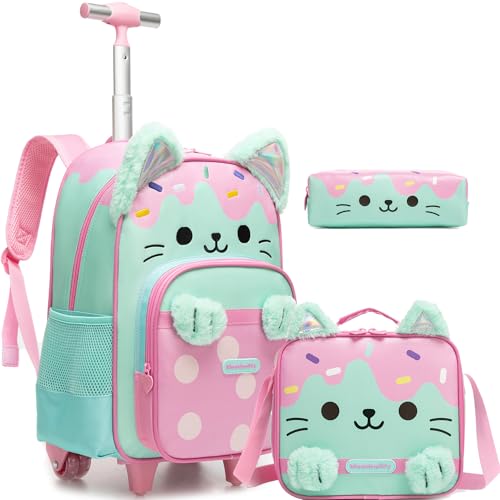 Meetbelify Backpack with Wheels for Girls Rolling Backpack Cute Cat Carry on Backpack Kids Luggage with Lunch Box Pencil Case for Elementary Student - color: Green Cat