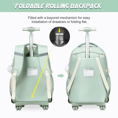 DIGOBAY Rolling Backpack for Girls, Girls Roller Backpack with Lunch Bag and Pencil Case, School Bookbag with Wheels for Elementary Middle High School Travel, Green - color: Green