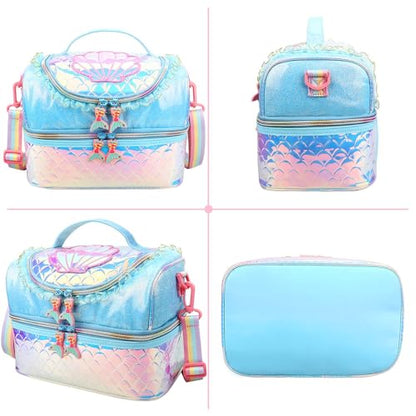 RHCPFOVR Kids Lunch Bag - Double - Decker Cooler Insulated Lunch Box for Boys Girls Women,Washable Lunch Bag with Strap and Reusable Toddler Lunchbox for School and Daycare - color: Blue Mermaid