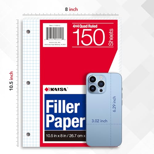 Kaisa Graph Paper Filler Paper USA-Made Bulk Wholesale Available 3 Pack 4x4 Quad Rule 3-Hole Punched Loose Leaf Paper 8x10.5 Filler Paper for 3-Ring Binder, 150 Sheets/Pack - color: Graph, size: 3pack
