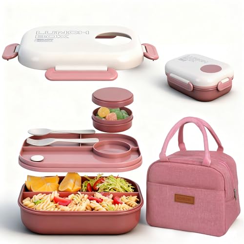 Lunch Box for Women, Kids & Men, Leak-Proof 3-Compartment Bento | Insulated bag, utensils & sauce container included; BPA-free; Microwave & dishwasher safe; Ideal for school, work & travel. - color: Red