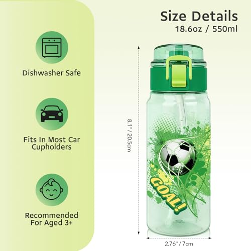 18.6oz Kids Water Bottle, Tritan BPA-Free, Excavator & Football | Toddler Water Bottle with Handle & Straw for School Travel · Pop-Up Spout Cover · Leak-Proof · Dishwasher Safe