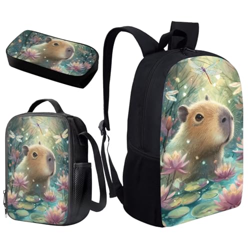Cute Capybara School Backpack Set 3Pcs with Lunch Box Pencil Case Girls Backpacks Ages 6-18 Portable Lunch Bag Multifunctional Pencil Case Gift for Girls Boys - color: Capybara Cute