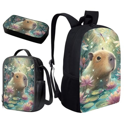 Cute Capybara School Backpack Set 3Pcs with Lunch Box Pencil Case Girls Backpacks Ages 6-18 Portable Lunch Bag Multifunctional Pencil Case Gift for Girls Boys - color: Capybara Cute