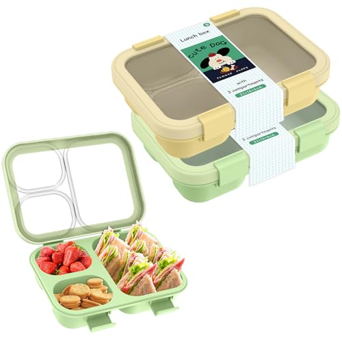 Bento Box, Lunch Box with Lids, 3-Compartment Meal Prep Containers Reusable, Leakproof & Stackable, Food Storage Containers for Office, Travel (Yellow & green) 2pcs - color: Yellow & green