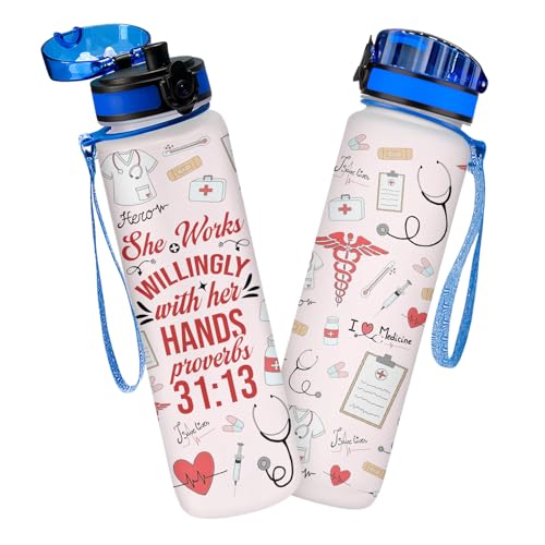 Nurse Proverbs 31:13 Water Bottle - 32oz Motivational Sports Bottle with Time Marker - She Works Willingly With Her Hands Design - Unique Medical Gifts for Women, Adults - color: White and Red