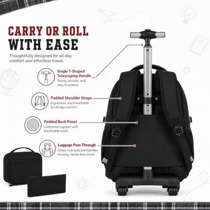 gxtvo 3PCS Rolling Backpack for Women, Girls Wheeled Bookbag with Lunch Box for Adults, Water Resistant Roller School Bag for College Teens Kids Travel - Black - color: 3pcs Set Black