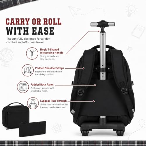 gxtvo 3PCS Rolling Backpack for Women, Girls Wheeled Bookbag with Lunch Box for Adults, Water Resistant Roller School Bag for College Teens Kids Travel - Black - color: 3pcs Set Black