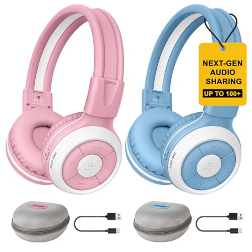 SIMOLIO Manyshare Bluetooth Kids Headphones with Case & Mic for School | 2 Pack, Auracast-Enabled, Share Audio Wirelessly w/ Multiple Headphones,Over-Ear Headphones for Car/Airplane Travel,JH714 - color: Pink+Blue+White
