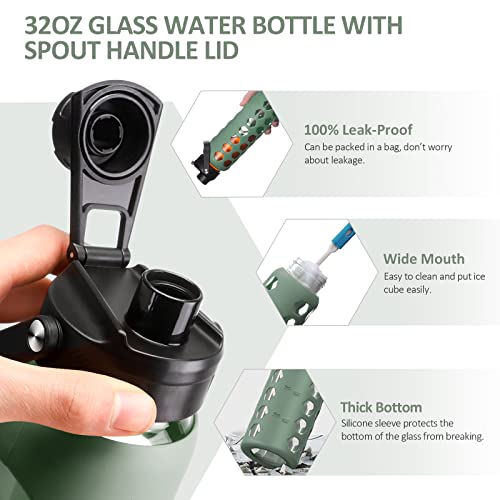 MUKOKO 24oz Glass Water Bottle, Olive | Glass Tumbler with Straw, Drinking Bottles with 2 Lids-Handle Spout Lid & Bamboo Straw Lid, Silicone Sleeve, 1 Pack - color: Olive, size: 24 Ounces