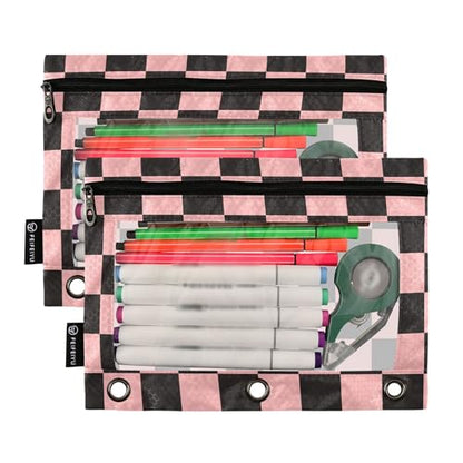Lightpink Buffalo Plaid Binder Pouches 3 Ring for Boys Girls School Office College Supplies Black Chessboard Orchid Pink Pencil Pouches Case Bag with Clear Window and Zipper 2 Pack - color: Lightpink
