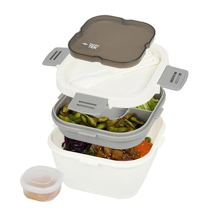 Restaurantware-Bento Tek 57.5 Ounce Bento Box, 1 Reusable Lunch Container - With Fork And Knife, Does Not Contain BPA, White And Gray Plastic Reusable Lunch Box, Microwavable, Dishwashable - size: 1 Count, style: 58 oz - White