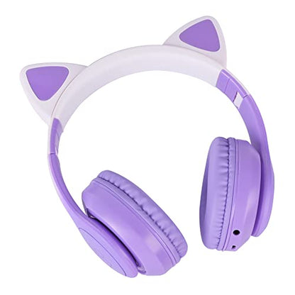 Cat Ear Kids Headphones Bluetooth, LED Light up Wireless/Wired Mode Over Ear Headphones with Build in Microphone for School/Travel (Purple) - color: Purple